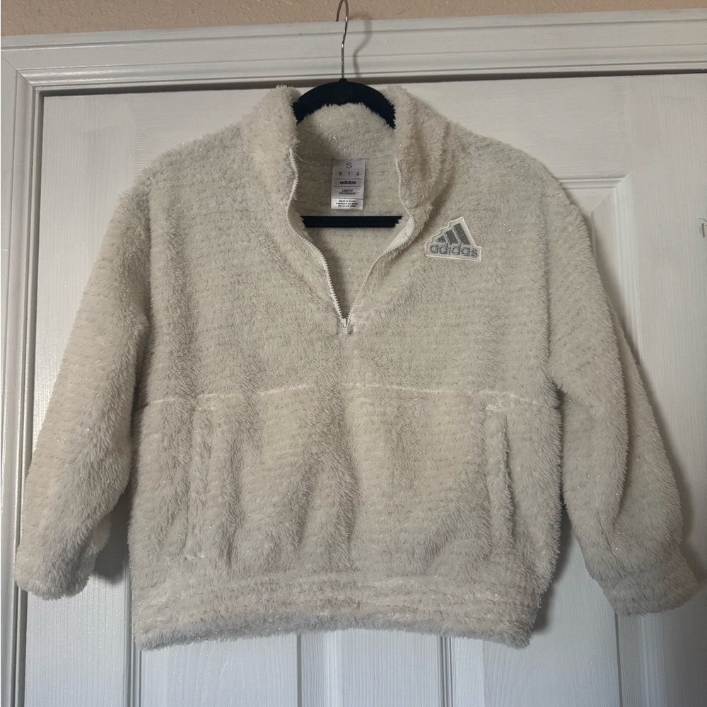 Adidas Girls small Sherpa long sleeve jacket in off white with sparkle details